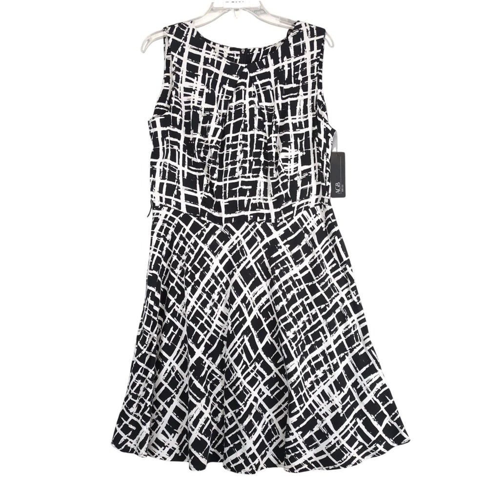 NWT AGB Black White Abstract Fit & Flare Dress Sz 16 Knee-Length Retro Career